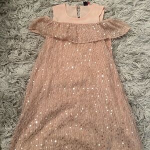 Pink and Gold Sequin Ruffled Off-the-Shoulder Sundress
